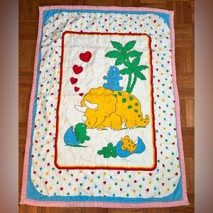 90s Vintage Retro Nursery Baby Quilt with Triceratops family